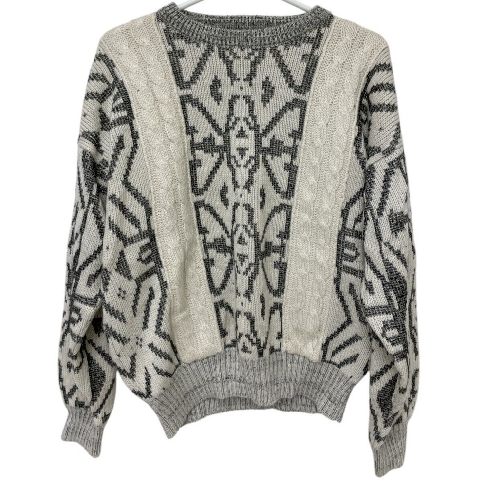 Bugatchi Vtg Patterned Knit‎ Sweater Pullover Gray White Mens Med Dadcore Wool